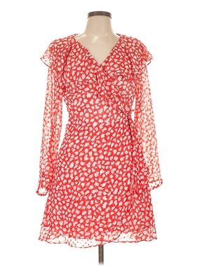 Free People Red and White Printed Long-Sleeve Wrap Dress